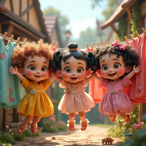 3 Baby betty boops, hung on a clothes rack，body in hanging laundry，Open both hands，The clothes are all dresses in different colors，The clothes drying rack is made of wood，Smiling all over the face，The background is the Elf Village，Romantic style￼￼