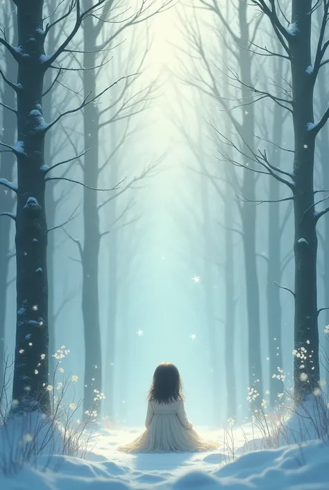 A girl sitting alone in forest there snow falling  sky is white smoke.  High quality,  mythical art,  8k, natural view