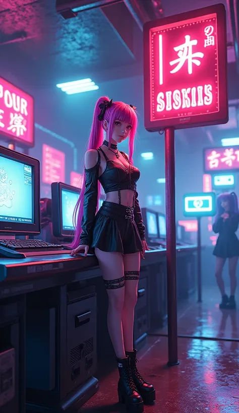 Anime style:1.6,  full body, leaning on a pair with pissing signs, 1 cyber goth girl, Long hair in a pink color with a gradient of violet, cyber goth clothing, very colorful scene, Neon lights, cyber ornaments, Computers, computer terminals, Japanese manga...