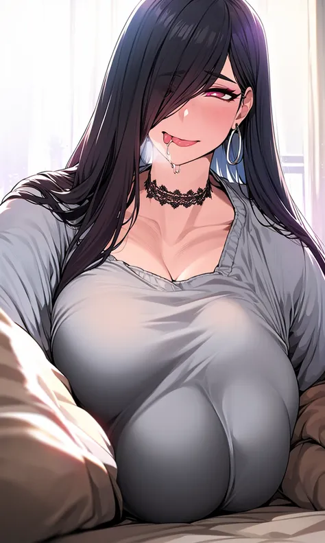 Red cheeks, smile, Show your side, (Lying in bed), Top view, Upper Body, Curvy Body, Lace choker, (Torogao), Warm lighting, Hoop Earrings,  Red cheeks, Sticking out tongue, saliva, Heavy makeup, Drooling, Slanted Eyes, Ahegao, Fatty face、throw