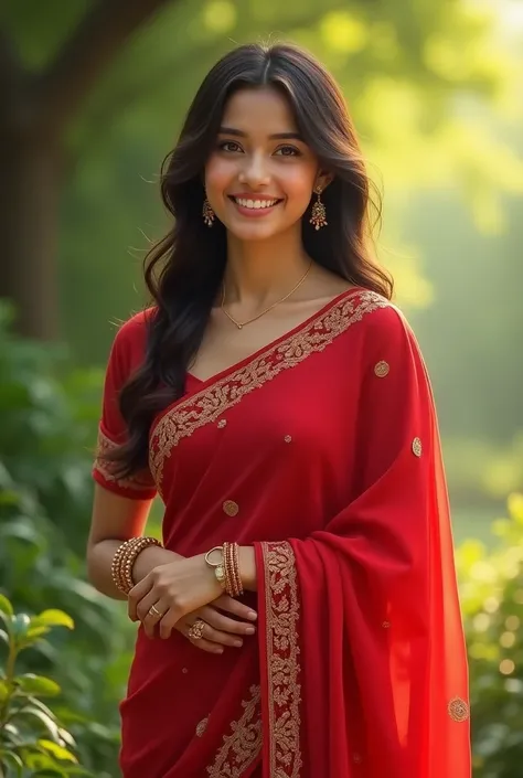 A charming girl stands elegantly in a vibrant red saree, its rich fabric adorned with delicate golden embroidery. Her smile is warm and genuine, lighting up her face as her long, wavy hair flows gently over her shoulders. She wears minimal yet graceful jew...