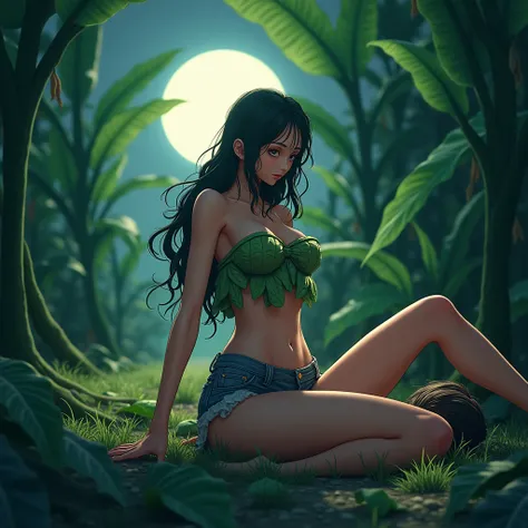 best quality,ultra-detailed,highly detailed ,master piece 2.5D anime , featuring the view from above which captured by a dramatic lighting,  (1man + 1girl:1.4)  ,The image of ,a Nang Tani spirit,with a beautiful face,  is wearing a strapless, crop top made...