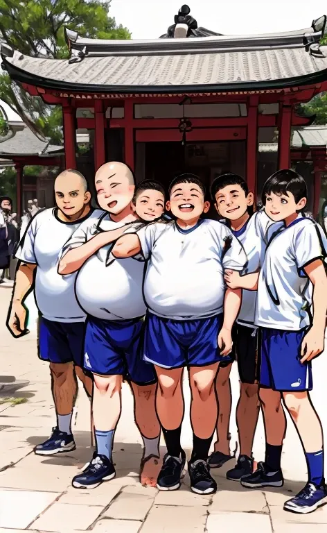 A group of fat, ugly, shaved-headed fifth-grade boys in gym clothes are standing smiling in the square in front of the shrine.。