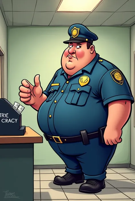 Create a funny cartoon of a fat police officer sticking his long hand into a cash register. On the cash register is written "CLEPTOCRACY"