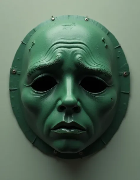 A round circular mask in green with an expression of concern and sadness 