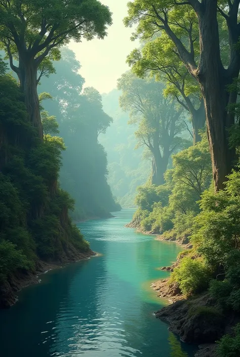 Ancient Indian river surrounded by forest and trees of the epic Ramayana which is less dense