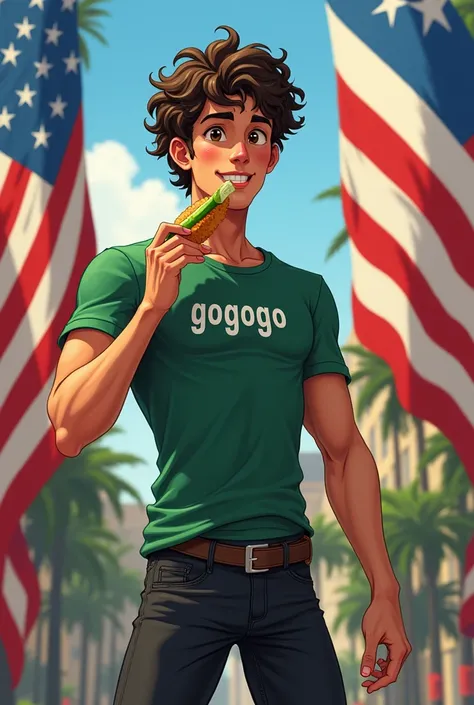 Tall young man with curly hair, dark brown hair, eating a cucumber, wearing a green t-shirt that says gogogo, white skin, realistic, brown eyes, tight pants, delgado, black boots, and flag of the United States and Uruguay behind, big teeth, a fried cake in...