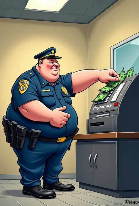 Create a funny cartoon of a fat police officer sticking his long hand into a cash register. On the cash register is written "CLEPTOCRACY"