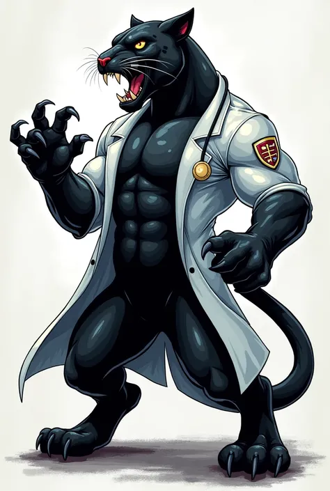 Angry black panther with a doctor&#39;s coat, logo style, coat of arms, athletic, showing his claws forward, showing his claws up, with his hands up, slightly realistic and large art