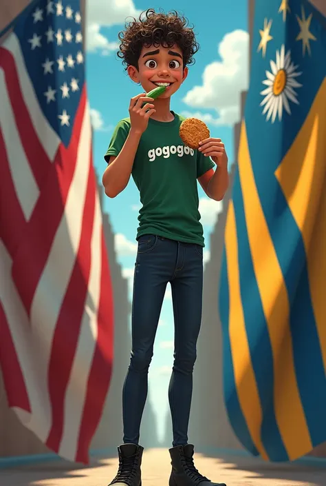 Tall young man with curly hair, dark brown hair, eating a cucumber, wearing a green t-shirt that says gogogo, white skin, realistic, brown eyes, tight pants, delgado, black boots, and the flag of the United States and the flag of Uruguay behind, big teeth,...