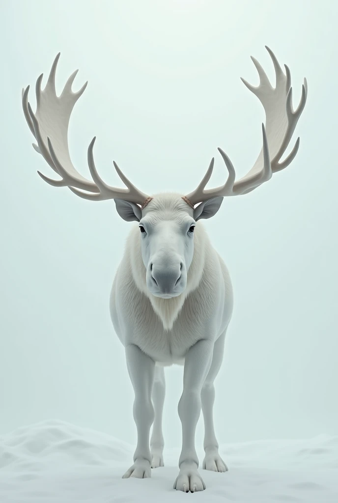 A giant white moose with antlers facing forward as if it were close to the camera 