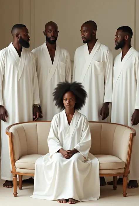 One girl sitting in shofa and five  African men behind her  with white dresses 
