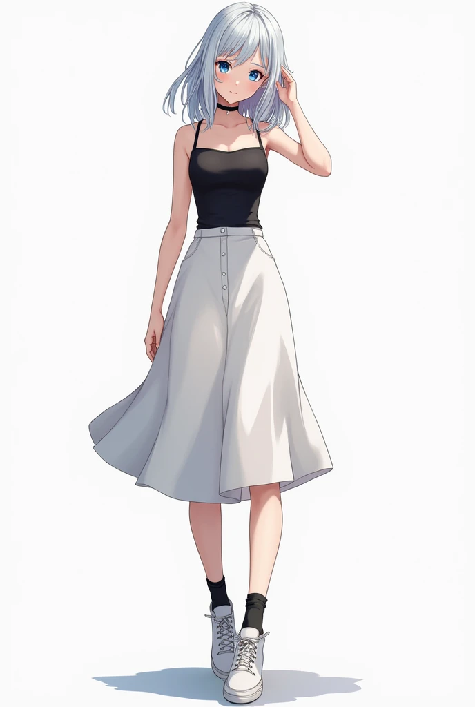 Girl, young adult, anime, blue eyes, silver hair, long hair, left-sided bangs, black tank top, white skirt, black socks, white shoes, full body. One hand behind head. 
Cover left eyes by bangs, neutral face. 