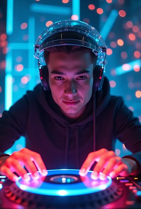  image of a DJ with handsome young face smiling sexy, with a robot eye, wearing a translucent futuristic cap and his hands glowing with powers , multicolored musical notes appear on the neon record table .