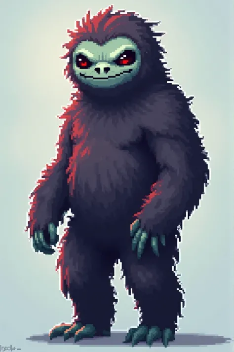 Create a sloth with a villain face standing on a transparent background in pixel art