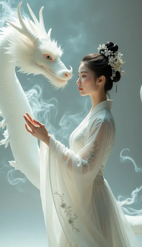 Wallpaper beautiful Chinese girl, dressed in traditional Hanfu shiny and adorned with exquisite hair accessories on her head, is holding out one hand to the right of which lies an adorable white dragon made of smoke. The photo captures the entire scene, sh...