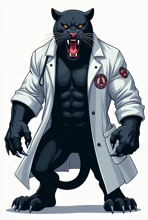 Angry black panther with a doctor&#39;s coat, logo style, athletic coat of arms, showing his claws forward and with the title: Fulminants below