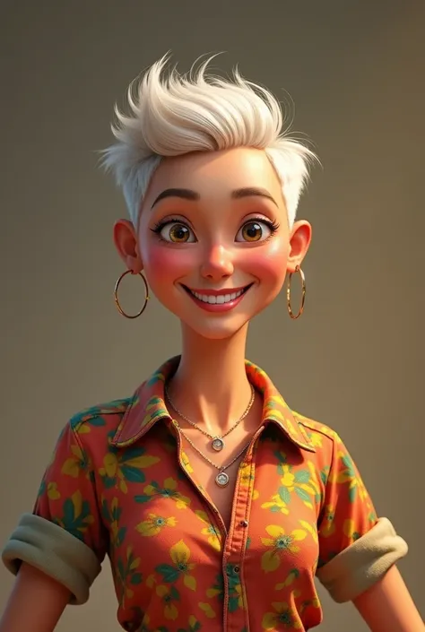 A middle-aged person, with some visibly thinner areas on the top of the head, but maintains a confident appearance. She is smiling and wearing a colorful shirt, reflecting a personal style that values self-esteem, regardless of baldness.