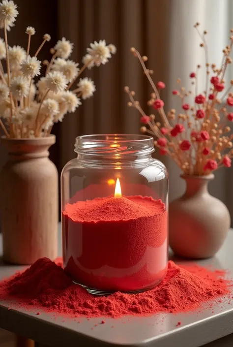 A beautiful large glass jar filled with candle powder ( Please it is very important that you make sure the texture is realistically powdery) in red and with a lit wick right in the center, This container is next to a beautiful arrangement of white dried fl...