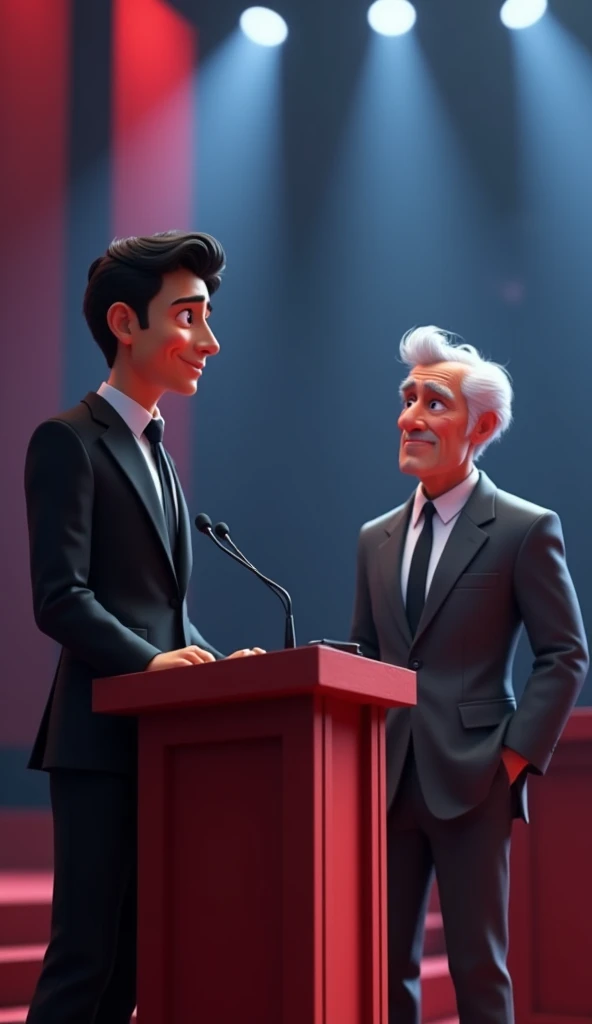 Prompt 1: The Debate Begins Image: A stage for debate with ((lights focused on the two candidates)). Marcos, A man with black hair, brown eyes and wearing a well-tailored black suit, ((is standing at the pulpit on the left)). ((He has a confident expressio...