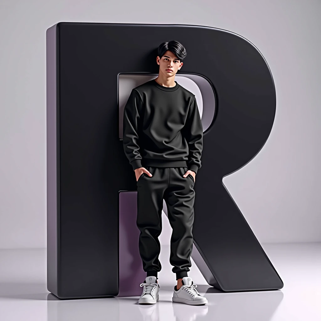 A 20 year old boy with dark hair, dressed in a casual outfit including a black sweatshirt, jogger pants, and sneakers. The person is leaning against a large purple glossy letter R, which is Black with white accents. The overall color scheme is minimalistic...