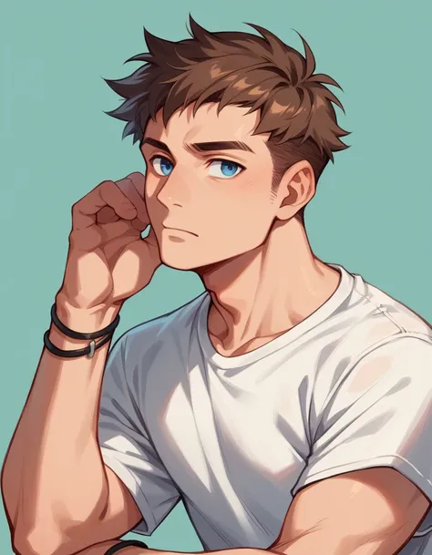 Human Male , Brown hair Style   , blue eyes , , Clothing  , Black Bracelets , t-shirt ,half body 