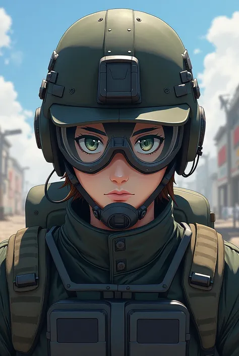 Home soldier anime style war with tactical glasses, front profile face with helmet, design