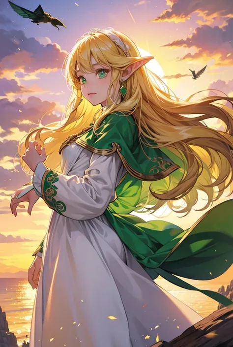 fantasy world, girl very long golden hair, Emerald eyes, Pointed ears, white long dress with long sleeves, flies on an emerald dragon, sunset, sky, clouds