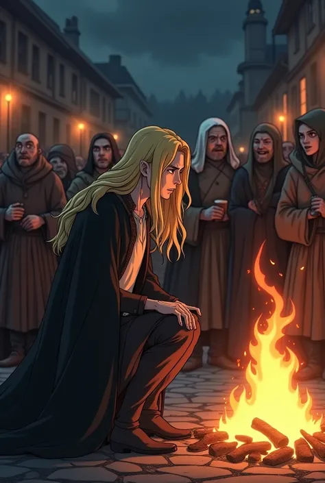 Anime of a blond vampire man with brown eyes and long blond hair at night, crying on his knees as he watched his wife being burned in a public square by religious men and a priest, with the residents watching.