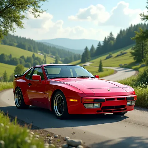 Generate a detailed image of a red 1986 Porsche 944 Turbo with black rims. The car should be parked on a winding country road, surrounded by lush greenery and rolling hills. Capture the sleek, aerodynamic lines of the vehicle, the distinctive front grille,...