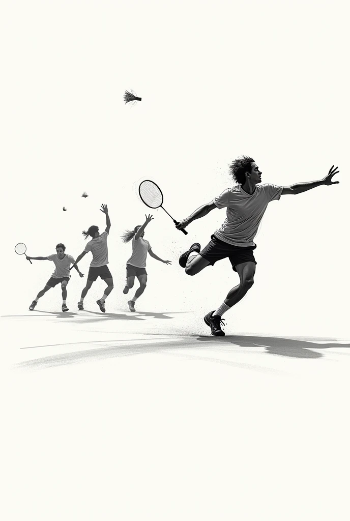 Draw a chronophotography of a badminton player smashing the shuttlecock (sketch)