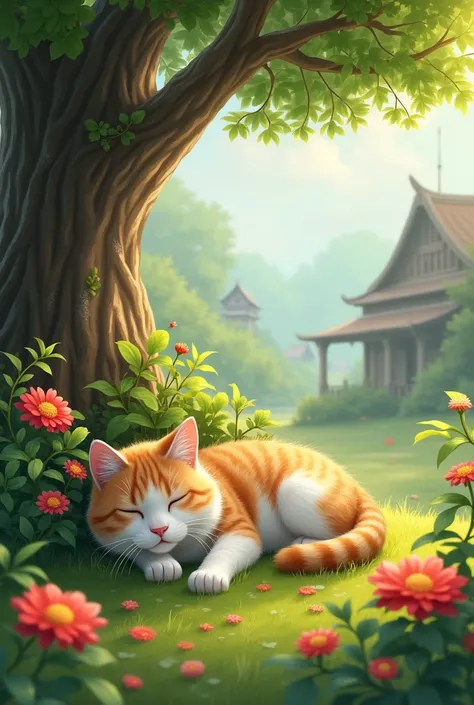 a beautiful village, a cat sleeping under a tree, flowers in the village, detailed cat, detailed fur, detailed eyes, detailed face, detailed paws, sunlight, warm colors, natural lighting, soft shadows, impressionist style, lush greenery, vibrant flowers, (...