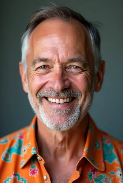 a real middle-aged man, with some visibly thinner areas on the top of the head, but maintains a confident appearance. She is smiling and wearing a colorful shirt, reflecting a personal style that values self-esteem, regardless of baldness.