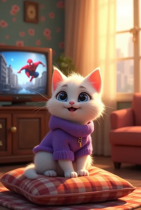 A cute, animated white tabby kitten wearing a purple sweater sits on a plaid cushion, looking happily at an old-fashioned television. The TV screen displays a colorful scene of Spider-Man swinging through a cityscape, with golden sunlight reflecting off th...