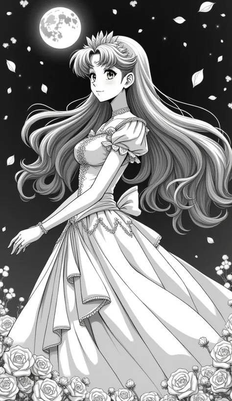 Monochrome manga style, Sailor Jupiter, striking green hair flowing elegantly, adorned in Princess Belles magnificent gown, intricate lace and ruffles, detailed vintage embroidery, perfect symmetry in silhouette, set against ethereal background of enchante...