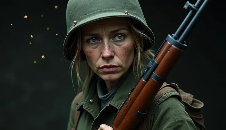 8 woman:1.5) (half-body photo:1.4) of a pretty but (old soldier:1.5), (pale wrinkled skin:1.3), wearing modern soldiers uniform and helmet, sadness in her eyes, (she is tired and sad:1.4), dark background, (sharp shadows:1.3), high sharpness of the photo ,...