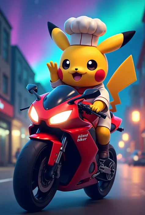 I need a Pikachu with a friendly face with a chef&#39;s hat and one hand that is down doing a biker salute and the other hand is driving a red and black sports-type motorcycle. Background at night with buildings Around the Pikachu and motorcycle that has a...