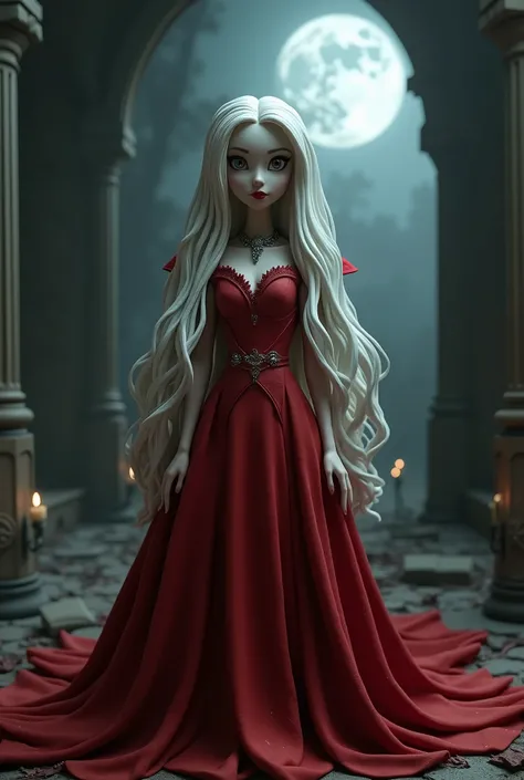 Tim Burton movie, cinematic composition, stop motion, clay animation, a vampire queen with long white hair, looking at viewer, white eyes, gothic red long-dress, moonlight