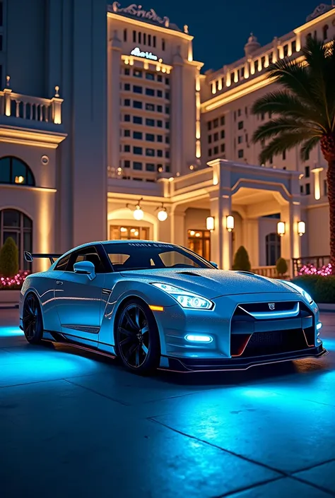 Image of GTR 350 car with neon blue 
colour in front of luxury hotel at night 