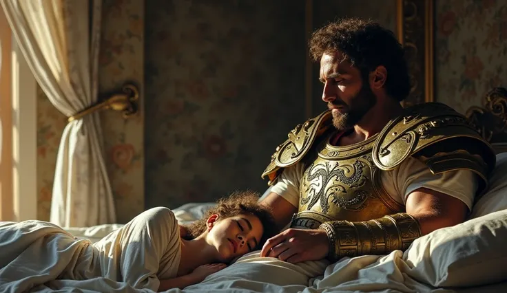 A man dressed in a king&#39;s armor, ancient greece ancient linen clothing dress. Sitting on a bed not wanting to sleep with insomnia. On the other side of the bed is his wife sleeping.