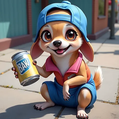 A smiling Chihuahua in a blue cap and blue shorts sits on a sidewalk, holding a silver can. The dog has exaggerated, cartoonish features with large eyes and a wide grin. Sunlight highlights the dogs fur and the vibrant colors of its outfit, creating a chee...