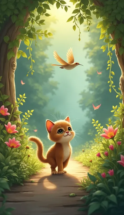 "Tiny brown kitten sneaks away from the group, following the bird deeper into the garden. The bird flies off toward the edge of the forest, and Tiny begins to wander away."