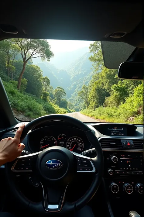 An image from inside a 2024 Subaru Sti from which you can see a landscape of a Costa Rican forest 