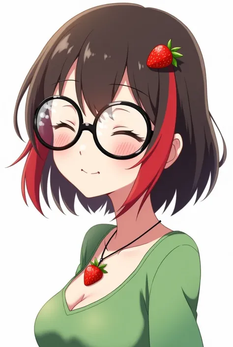 Anime girl with medium-short dark brown hair with bright red highlights and big black glasses, a low-cut green shirt smiling with closed eyes and closed mouth , a strawberry brooch on the head, with a strawberry necklace, turning a little to the right, whi...