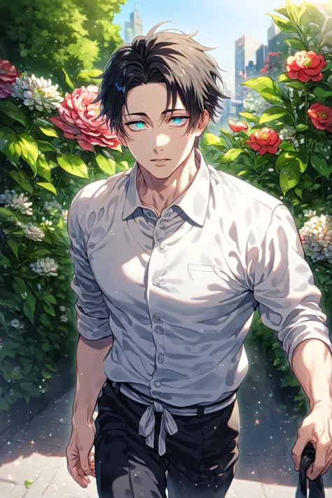 absurdres, highres, ultra detailed, HDR, master piece, Okkotsu Yuuta, black hair, expressive dark blue eyes, white Jujutsu shirt, black pants, sexy man, best quality, Jujutsu Kaisen, solo, sensual, green leaves, handsome, glittering eyes, adult face, blue ...