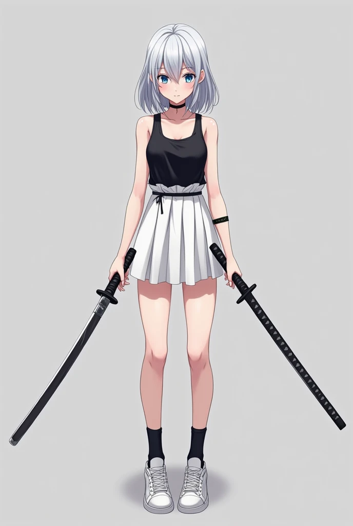 Girl, young adult, anime, blue eyes, silver hair, long hair, left-sided bangs, black tank top, white skirt, black socks, white shoes, full body. Two katanas. 
Cover left eyes by bangs, 