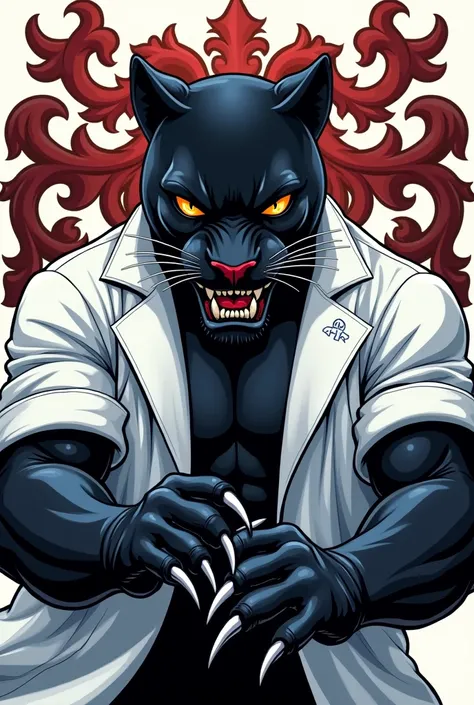 Angry black panther in doctor&#39;s coat and stethoscope logo style coat of arms athletically showing arms and claws forward as if holding something