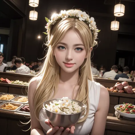 Gardenia flower crown、Have a large serving of meat pasta、blonde、goddess、Waitress、Single、smile、Best Quality、Highly detailed face, Perfect lighting