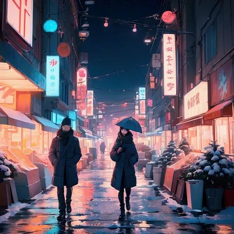 In the winter city、A cityscape at dusk with neon lights gradually coming on、Please draw a man and woman walking quietly from behind.。A combination of cool tones and vibrant neon colors、Creates a romantic and sentimental atmosphere。The neon lights reflect b...