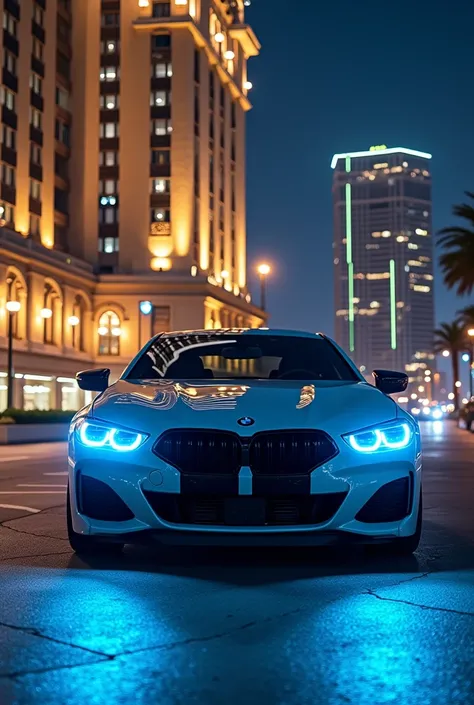 Image of BMW car with neon blue 
Light in front of luxury big hotel at night 